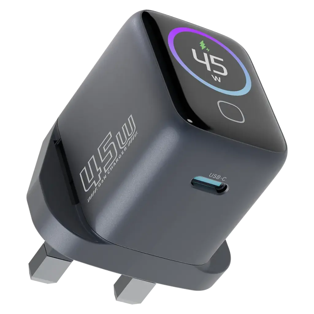 محول باورولوجي VoltFlow 45 واط USB-C مع شاشة TFT – شحن سريع ذكي | Powerology VoltFlow 45W Type-C Adaptor with TFT Screen Grey