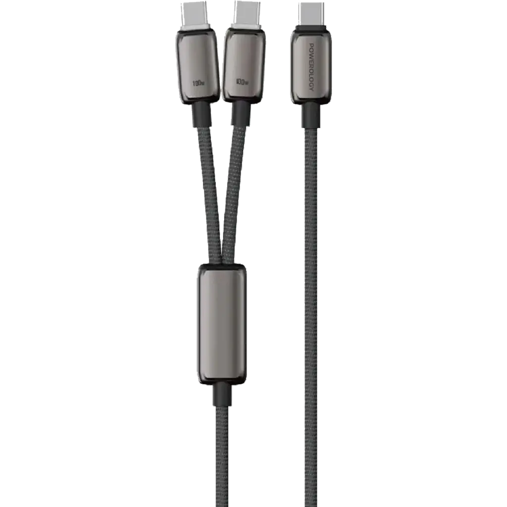 كابل باورولوجي زينكو سيريز ثنائي يو إس بي سي من نوع 2 في 1 - رمادي غامق | Powerology Zinco Series 2-In-1 Dual USB-C Cable - Dark Gray