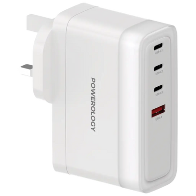 شاحن باورولوجي ب 4 منافذ للشحن مع شحن سريع بقدرة 140 واط - ابيض | Powerology 4-Port Fast Charging Adapter, 140W PD – White