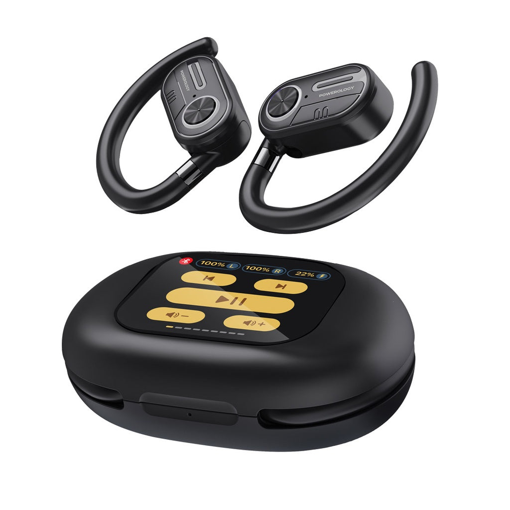 سماعات باورولوجي اللاسلكية بتقنية التوصيل الهوائي مع علبة شحن بشاشة عرض - اسود | Powerology ENC TWS Air Conduction Earbuds and Charging Case with Display 50mAh8 - Black.