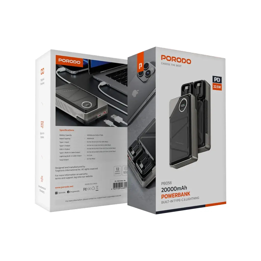 Porodo 20000mAh Power Bank Built-In Type-C & Lightning | باور بانك بورودو 20000mAh مع كابل Type-C و Lightning مدمج
