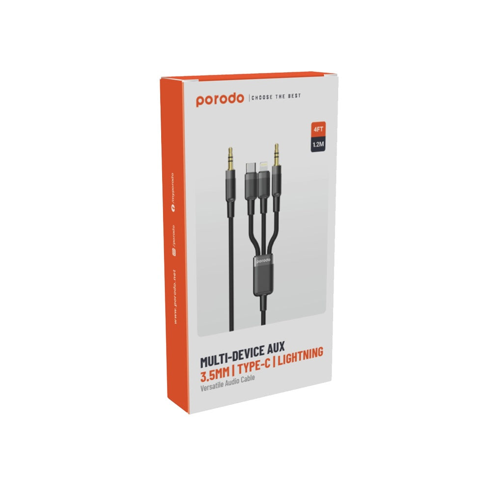Porodo 3-di-1 AUX 3.5mm bo Lightning û Type-C + Kabloya 3.5mm, 1.2m - Reş