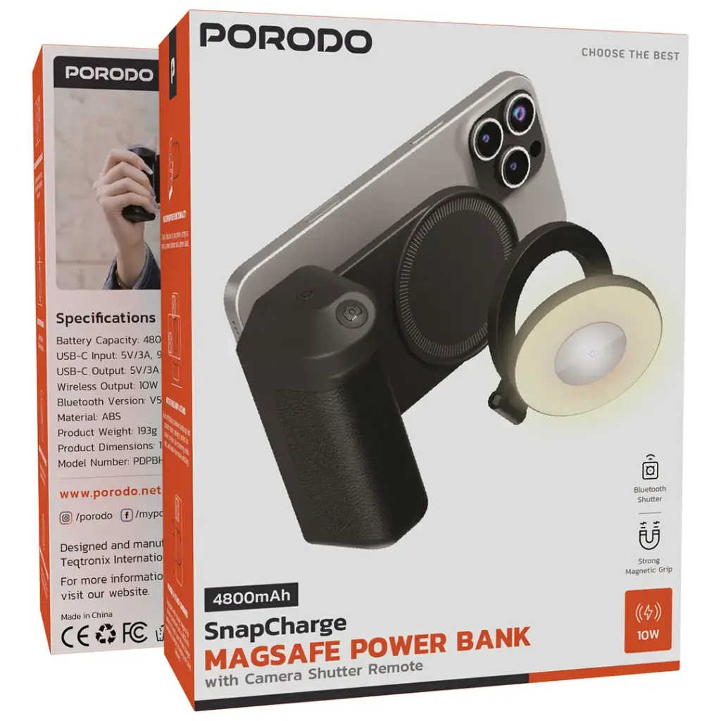 بطارية بورودو سناب تشارج مغناطيسية مع ريموت كاميرا 4800mAh - أسود | Porodo SnapCharge Magsafe Power Bank With Camera Shutter Remote - Black