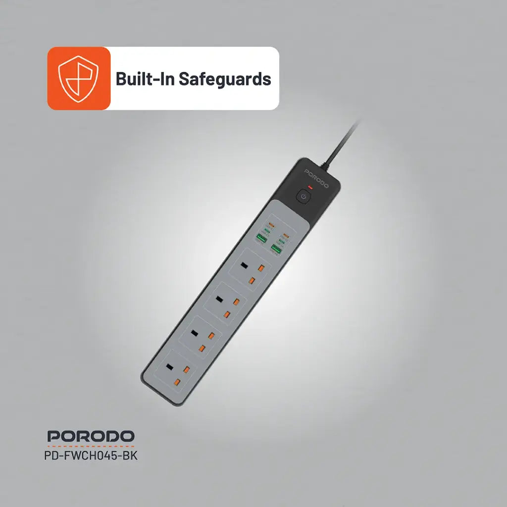 وصلة كهربائية بورودو ب 4 منافذ AC بقدرة 3000 واط و شحن سريع بقدرة 65 واط - اسود | Porodo 4AC 65W 3000W Power Strip - Black.