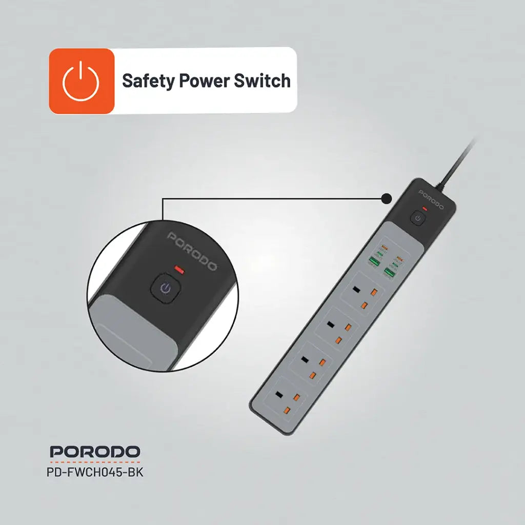 وصلة كهربائية بورودو ب 4 منافذ AC بقدرة 3000 واط و شحن سريع بقدرة 65 واط - اسود | Porodo 4AC 65W 3000W Power Strip - Black.