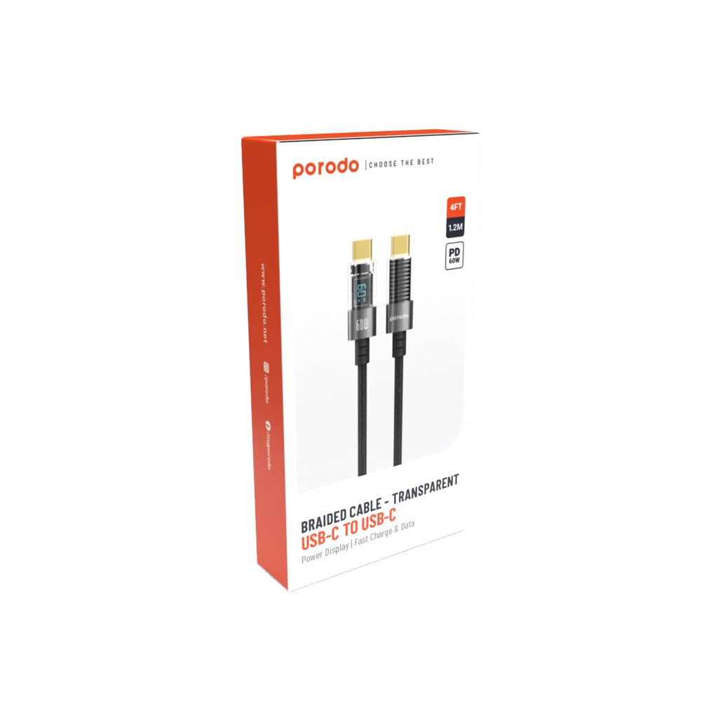 Kabloya Porodo 60W USB-C bo USB-C ya bi PD Displayê ve girêdayî, 1.2m - Reş