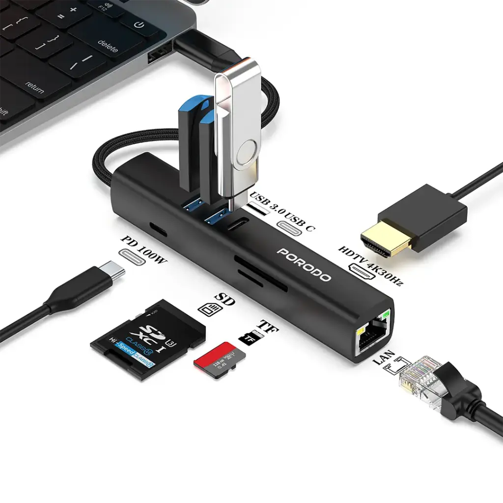 Porodo 8-in-1 USB Multiport Hub with 5Gbps Transfer Speed - Black | بورودو 8 في 1 موزع USB متعدد المنافذ بسرعة نقل 5Gbps - أسود