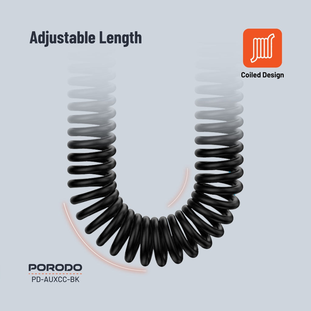 كيبل AUX 3.5mm ملفوف بطول 1.2 متر من بورودو - اسود | Porodo AUX 3.5 to 3.5 Coiled Audio Cable 1.2M – Black