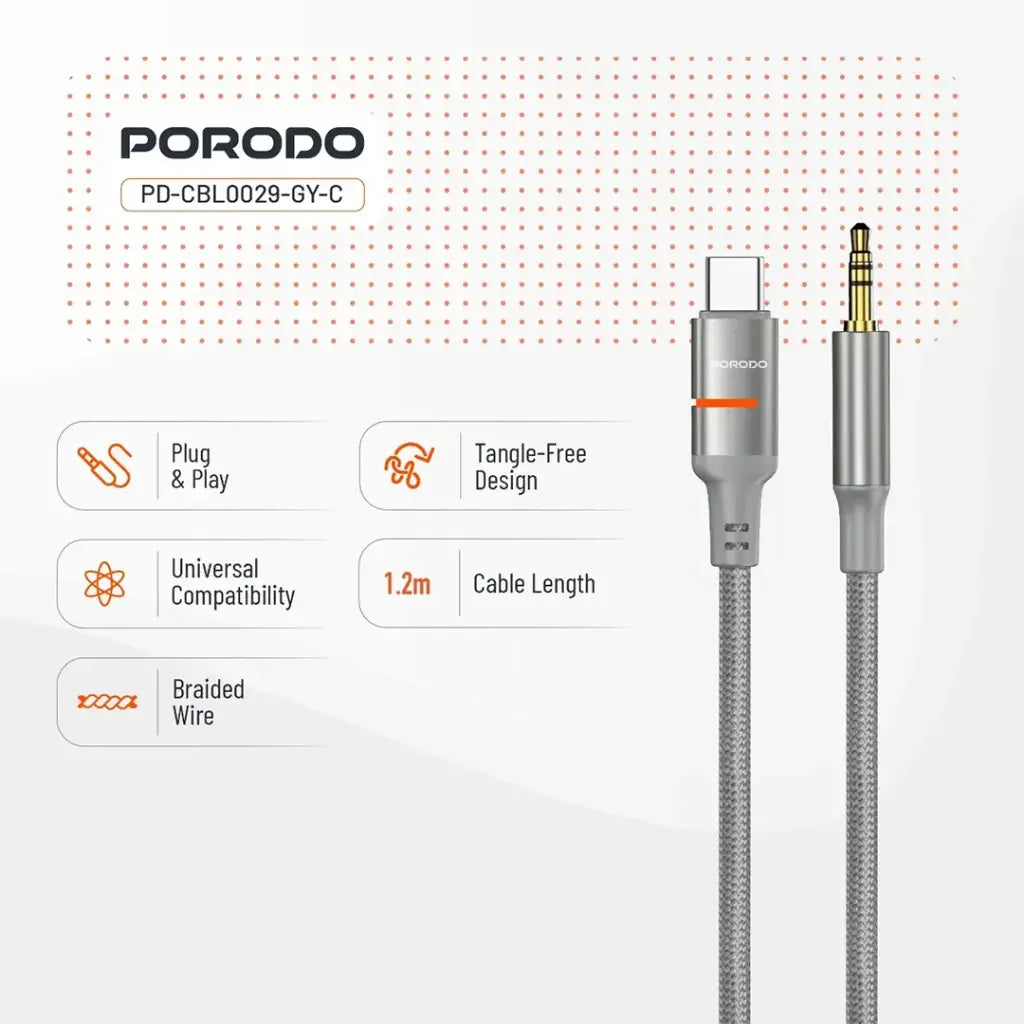 Porodo AUX to Lightning & USB-C Cable with LED Light - Gray | كابل بورودو AUX إلى Lightning و USB-C مع إضاءة LED - رمادي