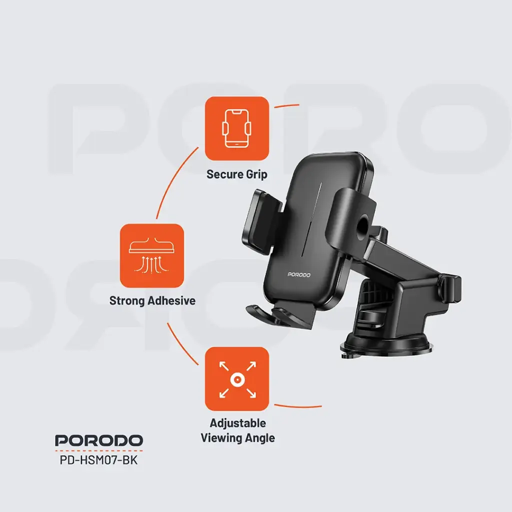 حامل جوال عالمي للسيارة من بورودو مع مشبك قابل للتعديل - اسود | Porodo Universal Adjustable Clamp Car Phone Stand for Dashboard & Windshield – Black