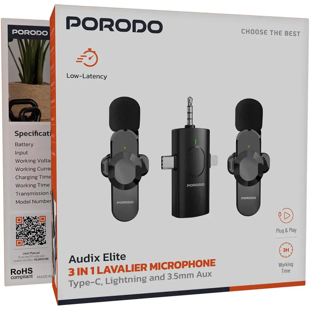 Porodo Audix Elite 3 In 1 Lavalier Microphone - Black | مايكروفون بوروودو أوديكس إيليت 3 في 1 لافالير - أسود