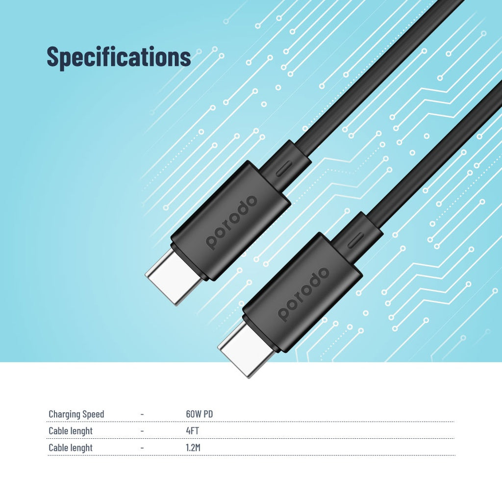كابل Porodo Blue 60W PD Type C to C PVC Cable 1.2M - Black | كابل شحن سريع
