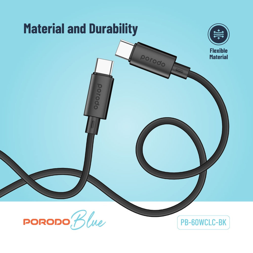 كابل Porodo Blue 60W PD Type C to C PVC Cable 1.2M - Black | كابل شحن سريع
