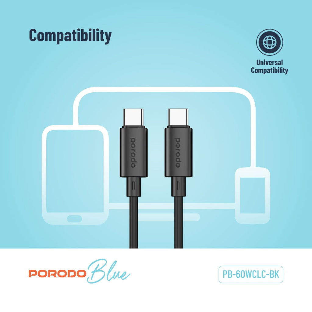 كابل Porodo Blue 60W PD Type C to C PVC Cable 1.2M - Black | كابل شحن سريع