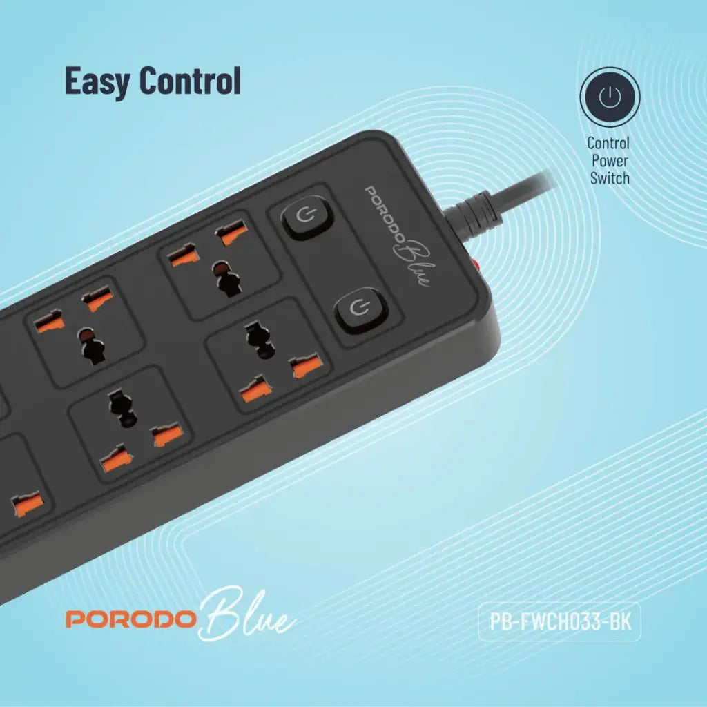 وصلة كهربائية بورودو بلو ب 6 منافذ AC و 2 منافذ تايب سي و 4 منافذ تايب اي, كيبل بطول 3 متر | Porodo Blue 6 AC Power Socket With X2 USB-C X4 USB-A, 3M wire - Black