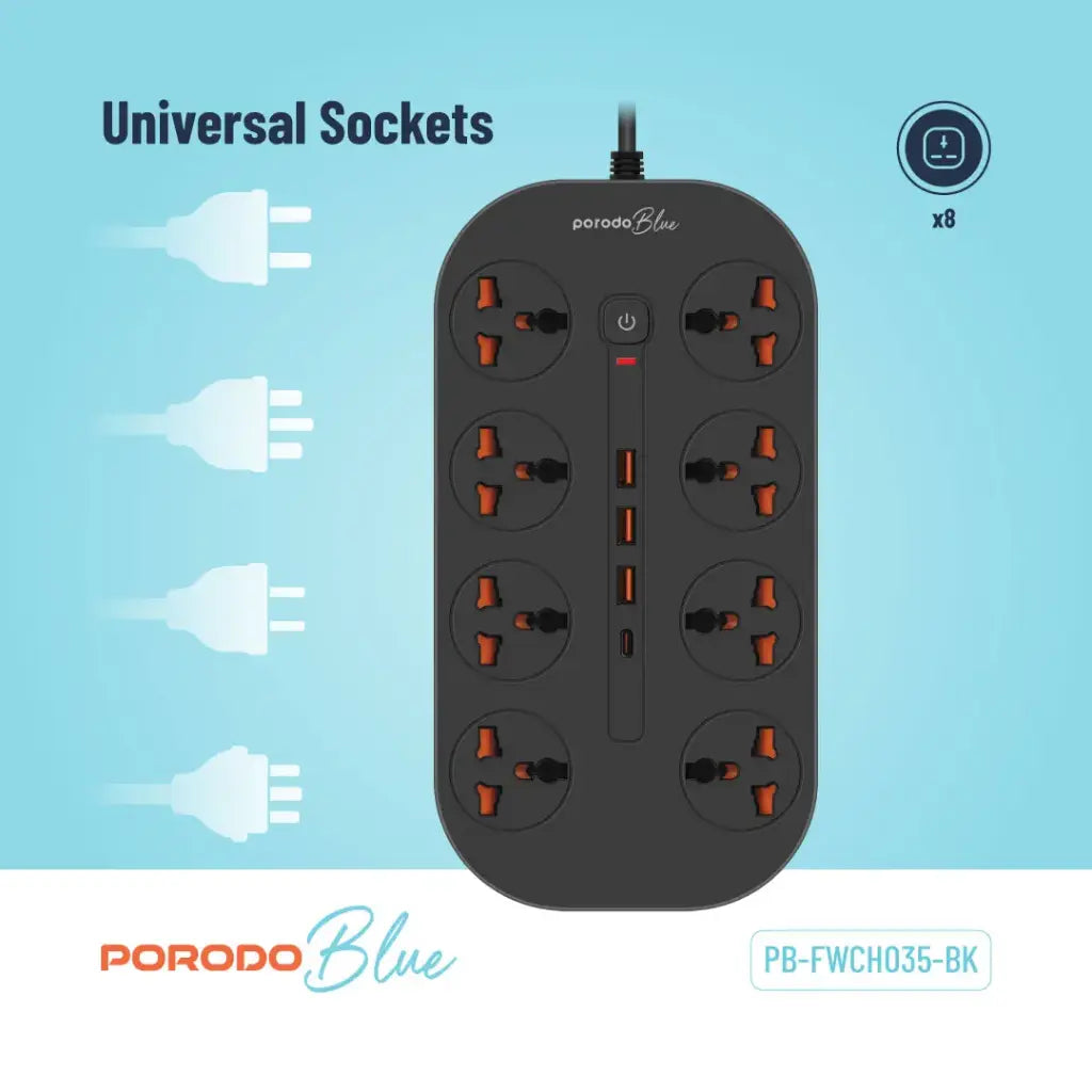 وصلة كهربائية بورودو بلو ب 8 مخارج AC - اسود | Porodo Blue 8 AC Power Strip - Black