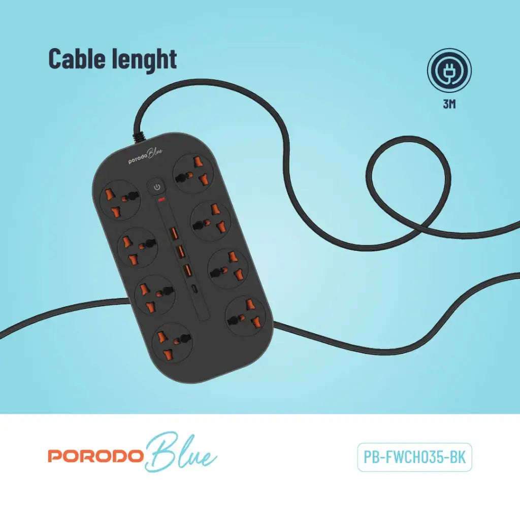 وصلة كهربائية بورودو بلو ب 8 مخارج AC - اسود | Porodo Blue 8 AC Power Strip - Black