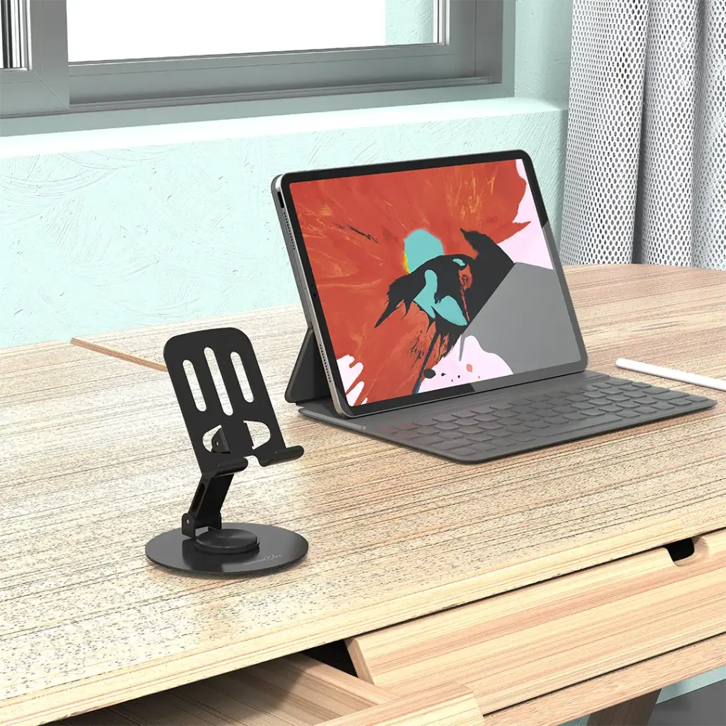 حامل هاتف مكتبي دوار 360 درجة من Porodo Blue – لون أسود | Porodo Blue 360° Rotating Desktop Phone Holder - Black