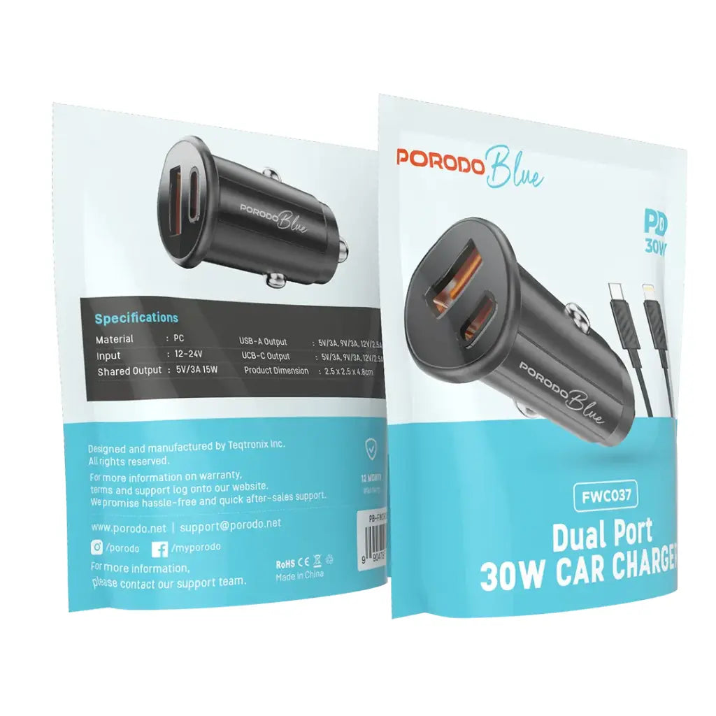 Porodo Blue 15W USB-A+C Port Car Charger with C to L .9m Cable - Black | شاحن سيارة بورودو بلو 15 واط بمنفذين USB-A+C مع كابل C to L .9 متر - أسود
