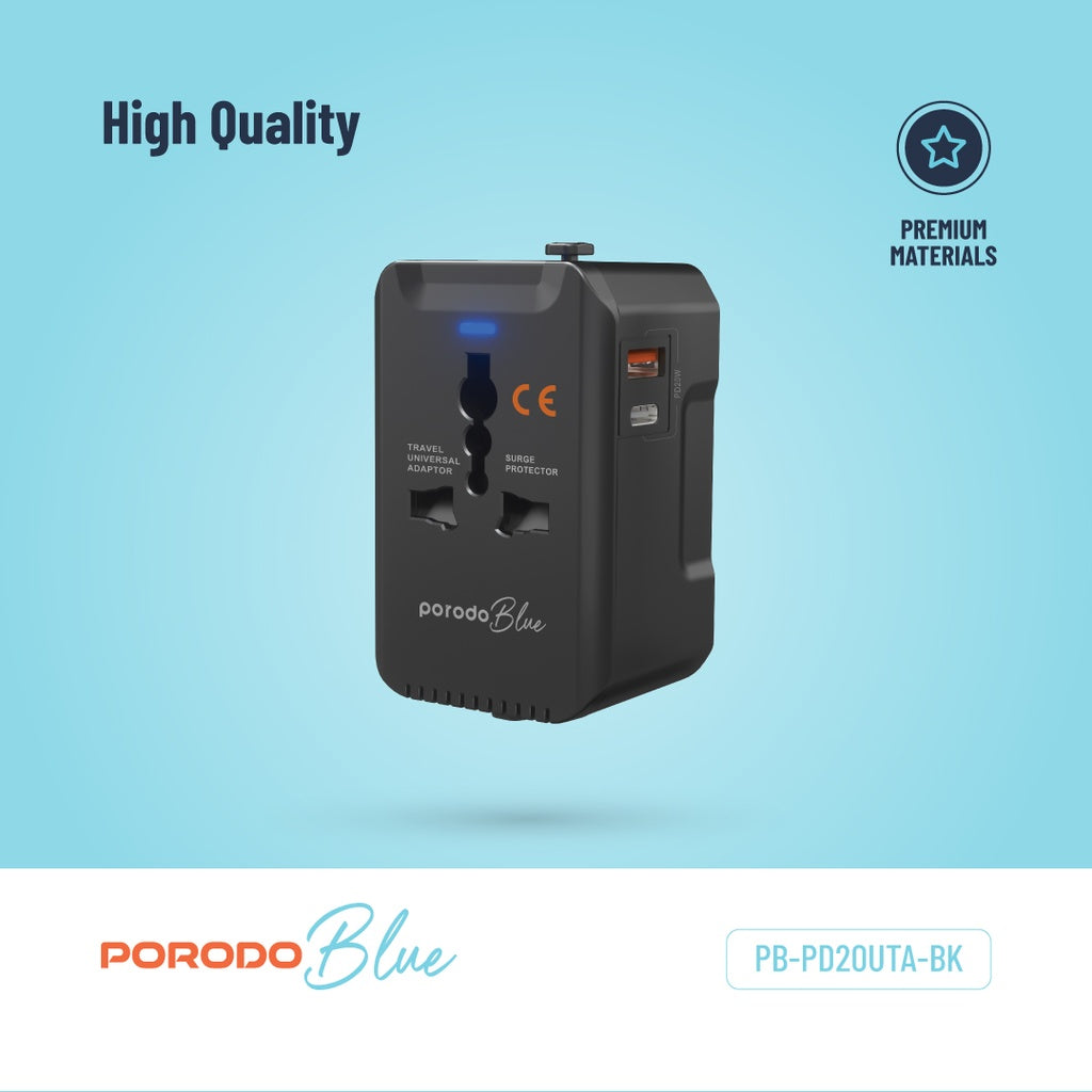 Porodo Blue Dual Port Universal Charger - Black | شاحن بورودو بلو ثنائي المنافذ العالمي - أسود