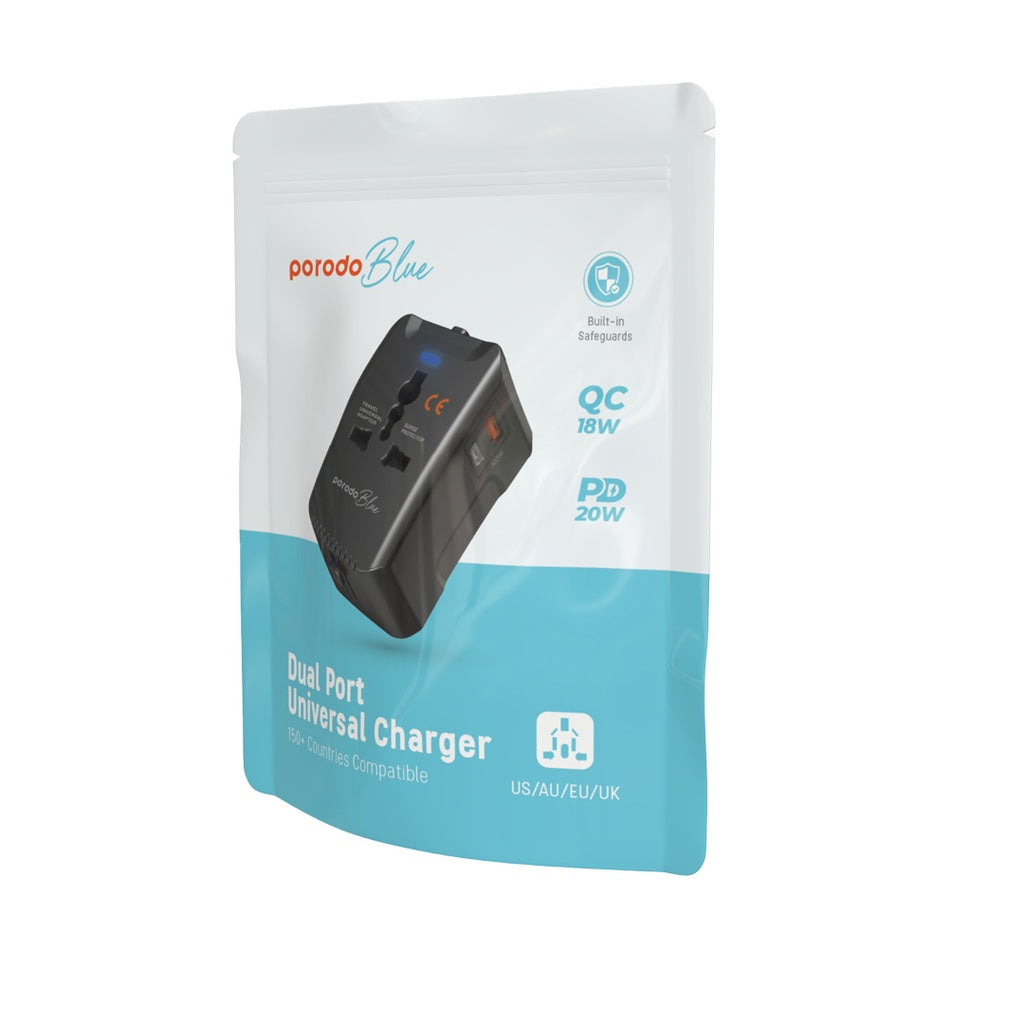 Porodo Blue Dual Port Universal Charger - Black | شاحن بورودو بلو ثنائي المنافذ العالمي - أسود