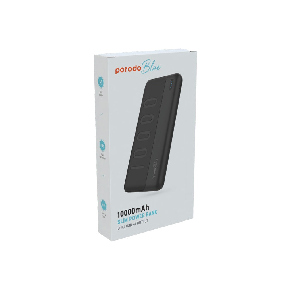 باور بانك بورودو بلو النحيف بسعة 10,000 مللي امبير بمنفذي يو اس بي اي | Porodo Blue 10000mAh Slim Power Bank Dual USB-A Output