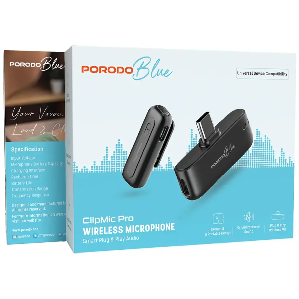 Porodo Blue Clip Mic Pro Wireless Microphone - Black | ميكروفون بورودو بلو كليب مايك برو اللاسلكي - أسود