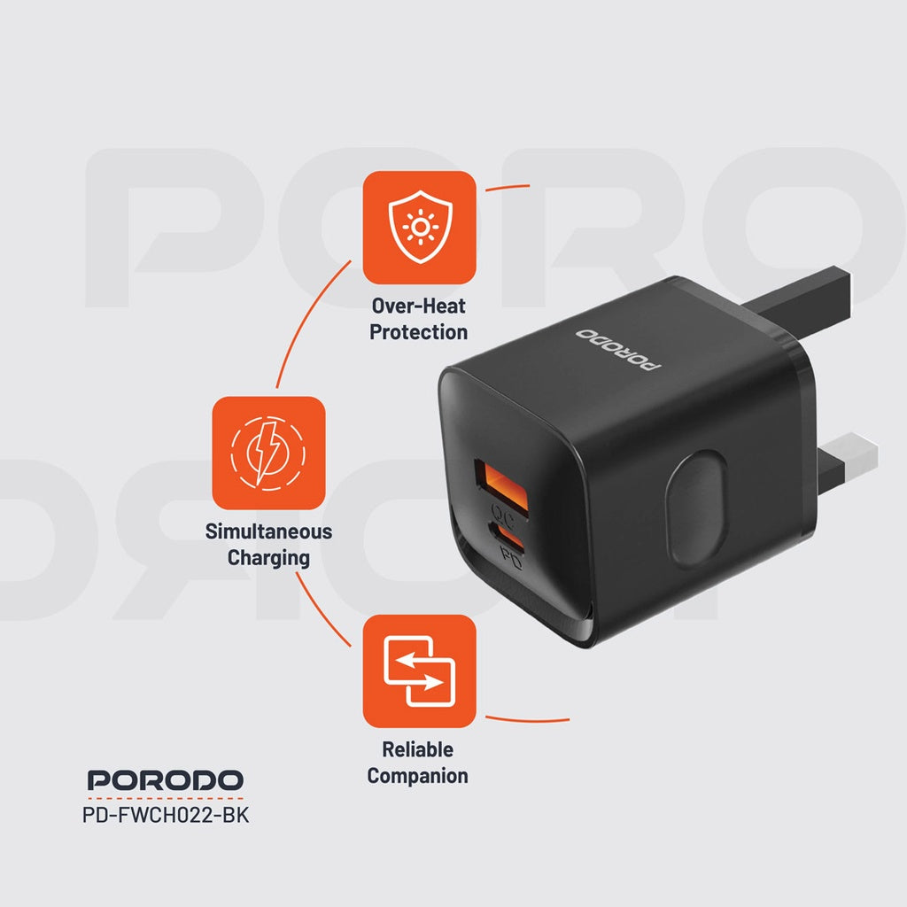 شاحن سريع Porodo PD 20W منفذين UK - Porodo Dual Port Fast Charger