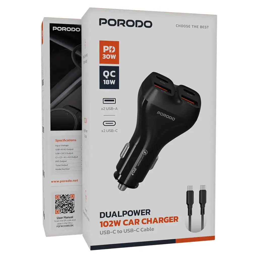 شاحن سيارة بورودو DualPower بقدرة شحن 102 واط مع كيبل تايب سي الى تايب سي - اسود | Porodo Dualpower 102W Car Charger USB-C To USB-C Cable - Black