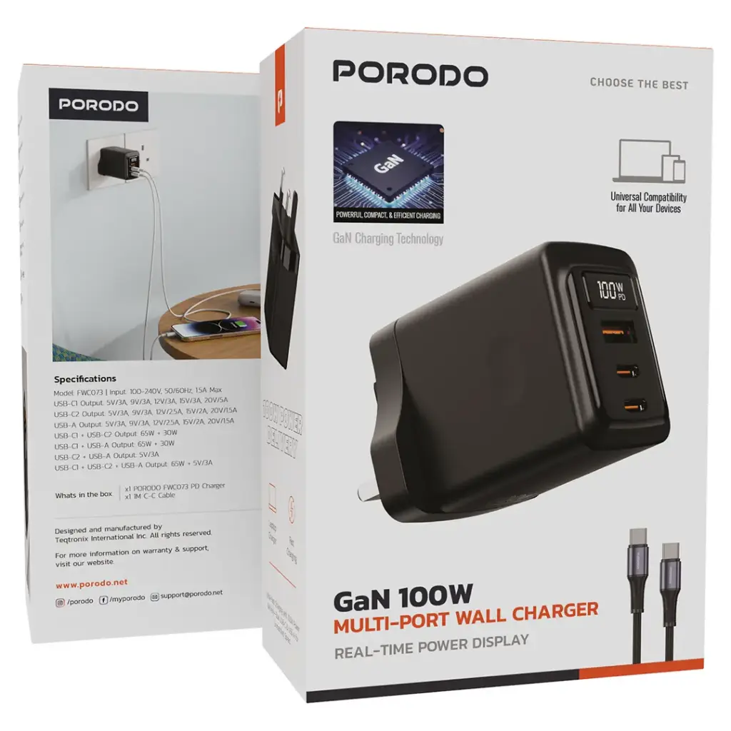 Porodo 100W GaN Multi-Port Wall Charger | محول الجدار متعدد المنافذ بقوة 100 واط من Porodo بتقنية GaN
