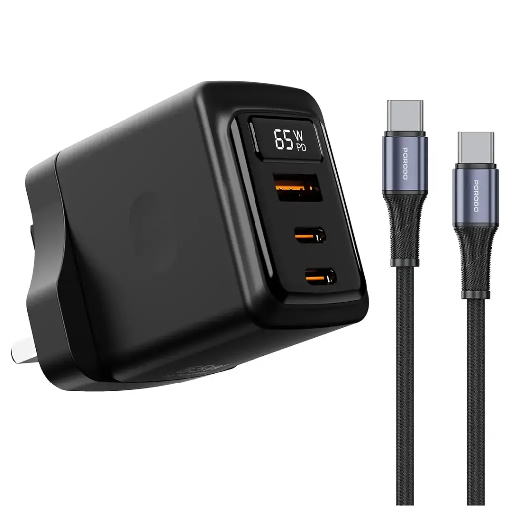 Porodo GaN 65W Multi-Port Wall Charger - Black | شاحن حائط متعدد المنافذ بقدرة 65 واط من بورودو GaN