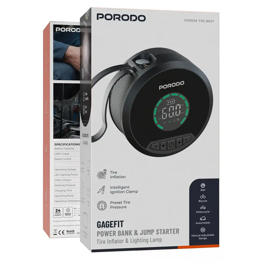 Porodo Gagefit Power Bank & Car Jump Starter with Tire Inflator & LED Light – Black | بنك طاقة ومشغل تشغيل السيارة Porodo Gagefit مع منفاخ إطارات ومصباح إضاءة – أسود