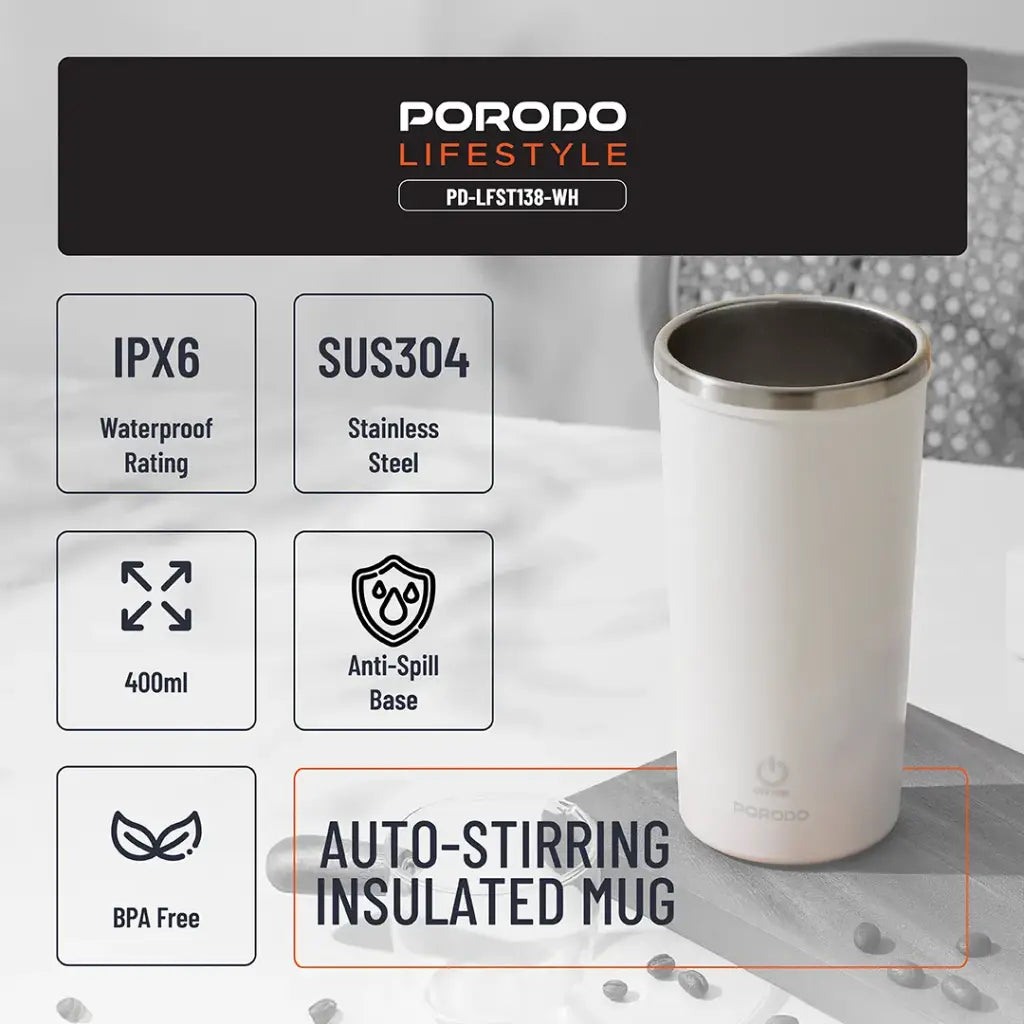 Porodo Lifestyle 400ml Auto-Stirring Suction Twin Wall Cup | كوب بورودو لايف ستايل 400 مل بخاصية التحريك الذاتي