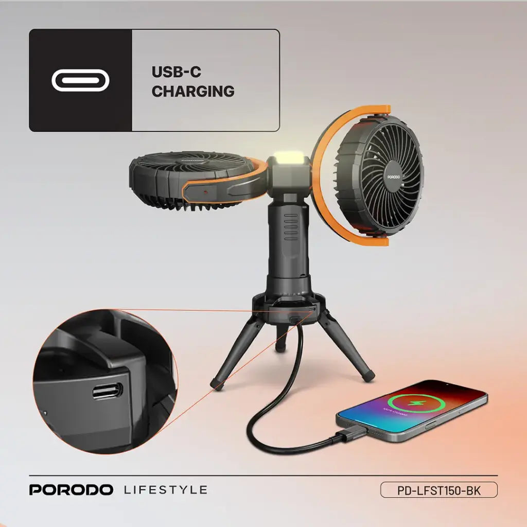 مروحة متعددة الوظائف 360° مع إضاءة وحامل ثلاثي - Porodo Lifestyle 18W Multifunctional Adjustable Fan
