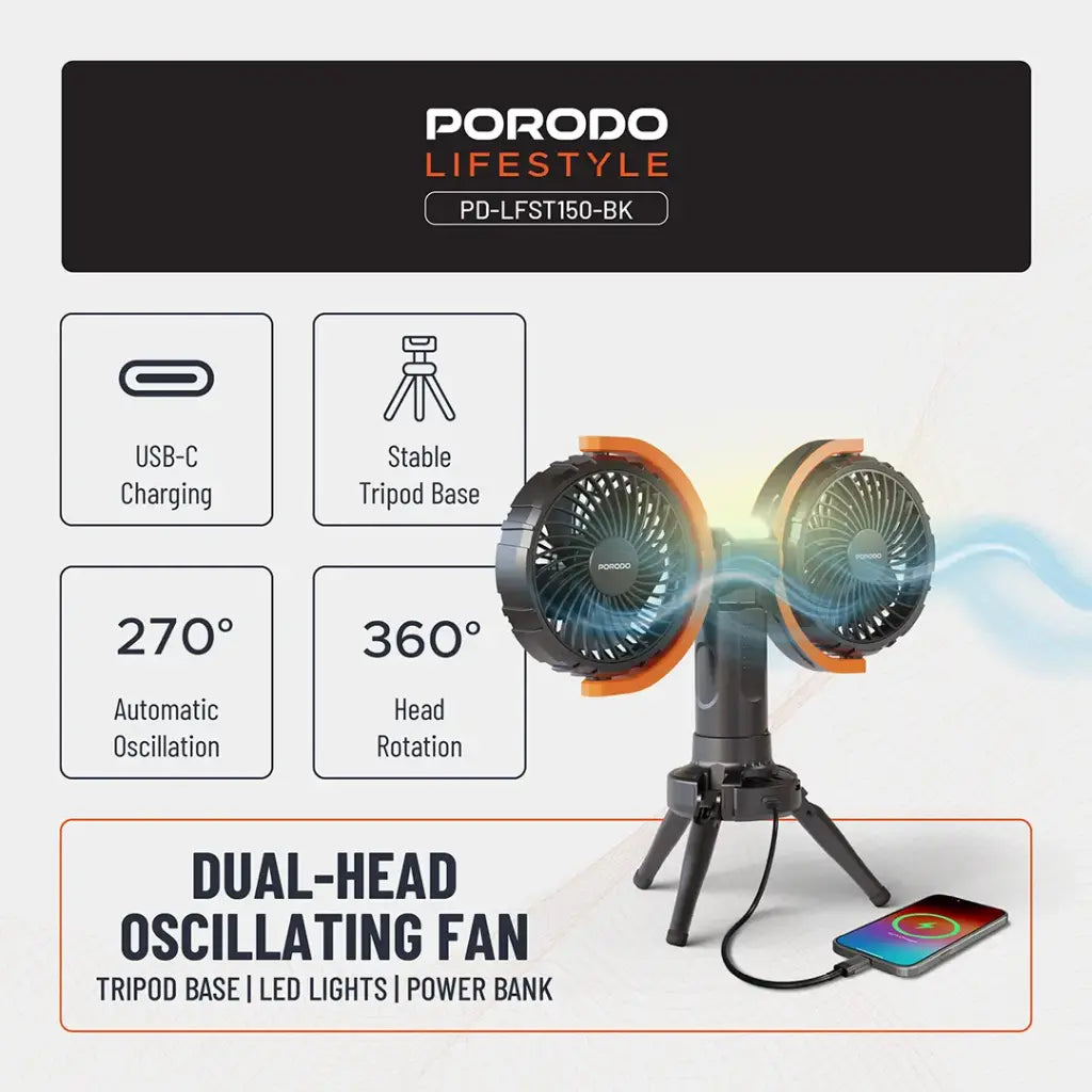 مروحة متعددة الوظائف 360° مع إضاءة وحامل ثلاثي - Porodo Lifestyle 18W Multifunctional Adjustable Fan
