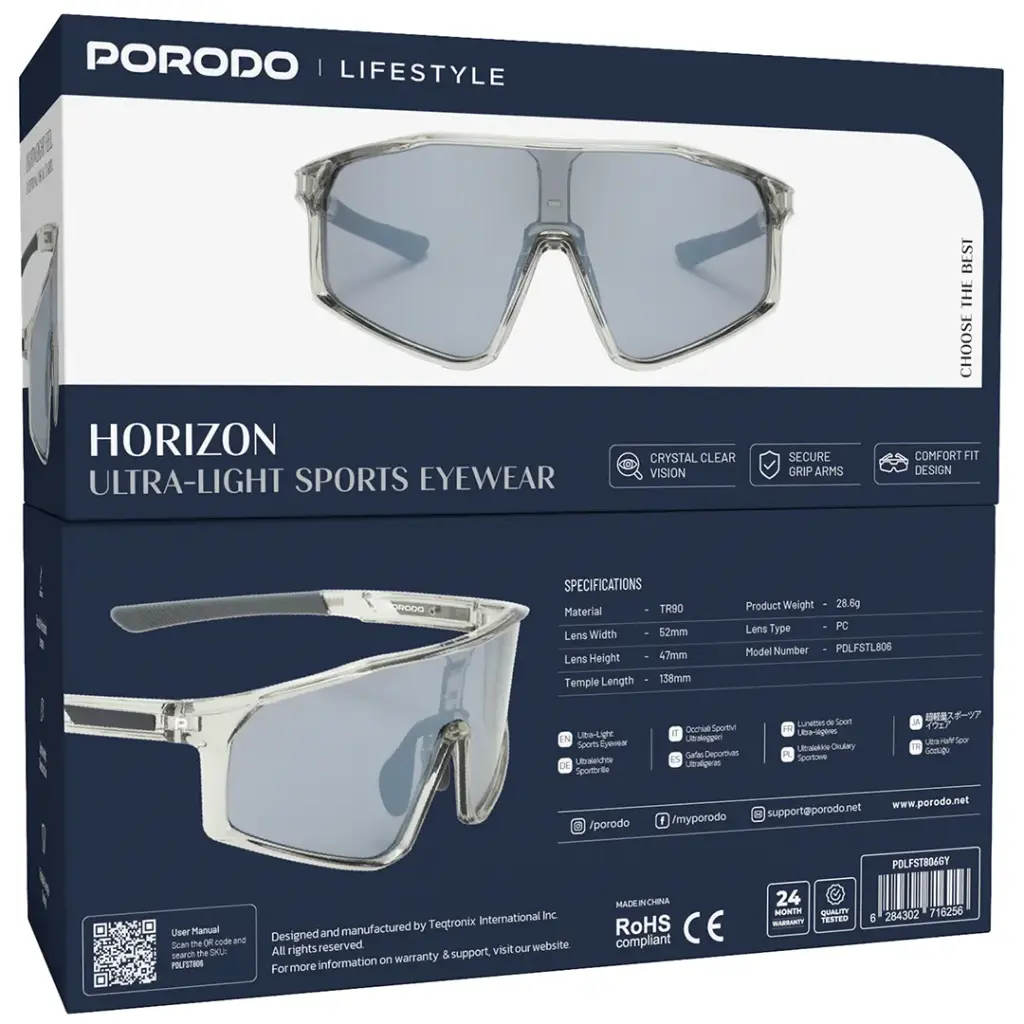 نظارة رياضية بورودو Lifestyle Horizon خفيفة الوزن حماية UV - رمادي | Porodo Lifestyle Horizon Ultra Light Sports Eyewear UV Protection Gray