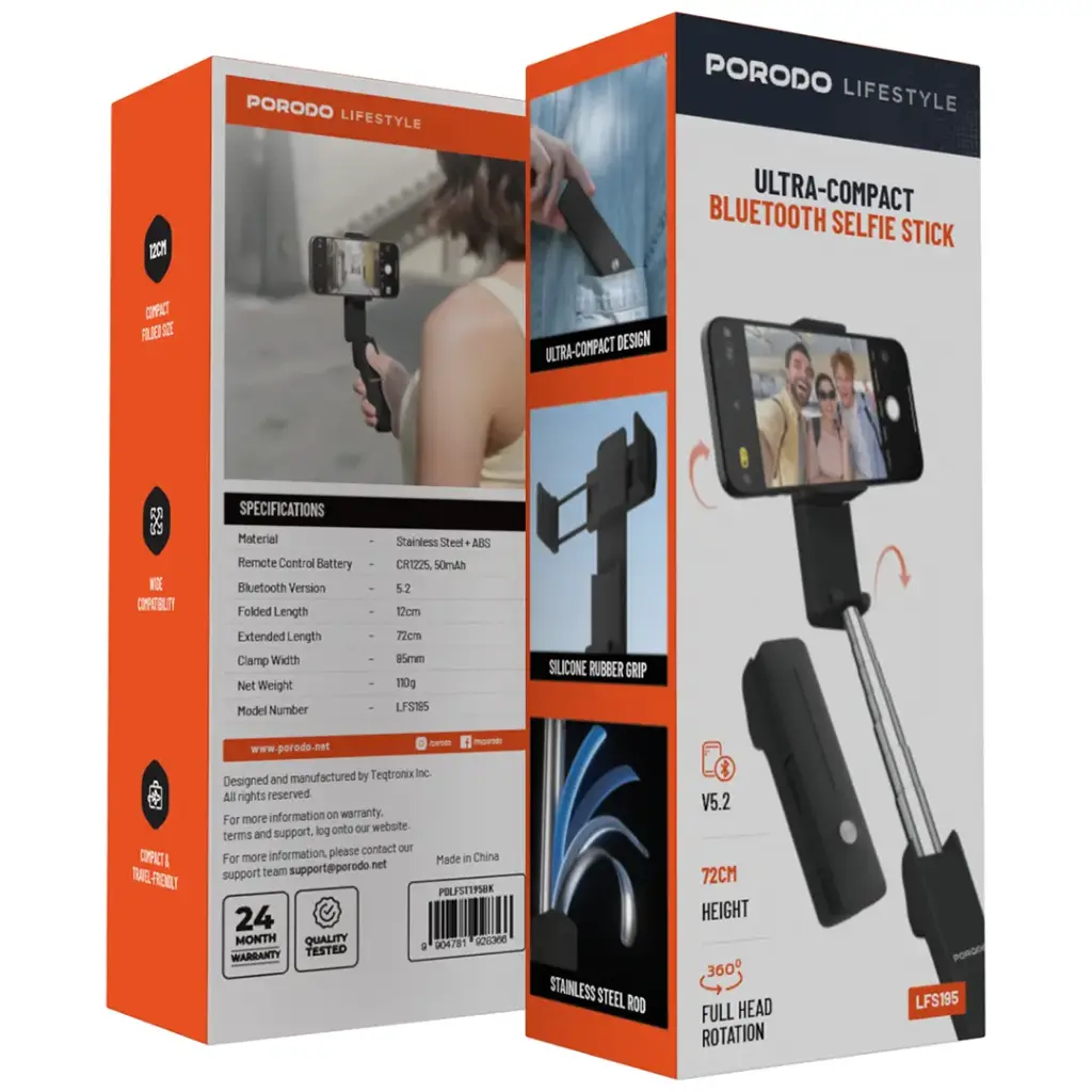 Porodo Lifestyle Ultra-Compact Bluetooth Selfie Stick - Black | عصا سيلفي بلوتوث مدمجة للغاية من بورودو لايف ستايل - أسود