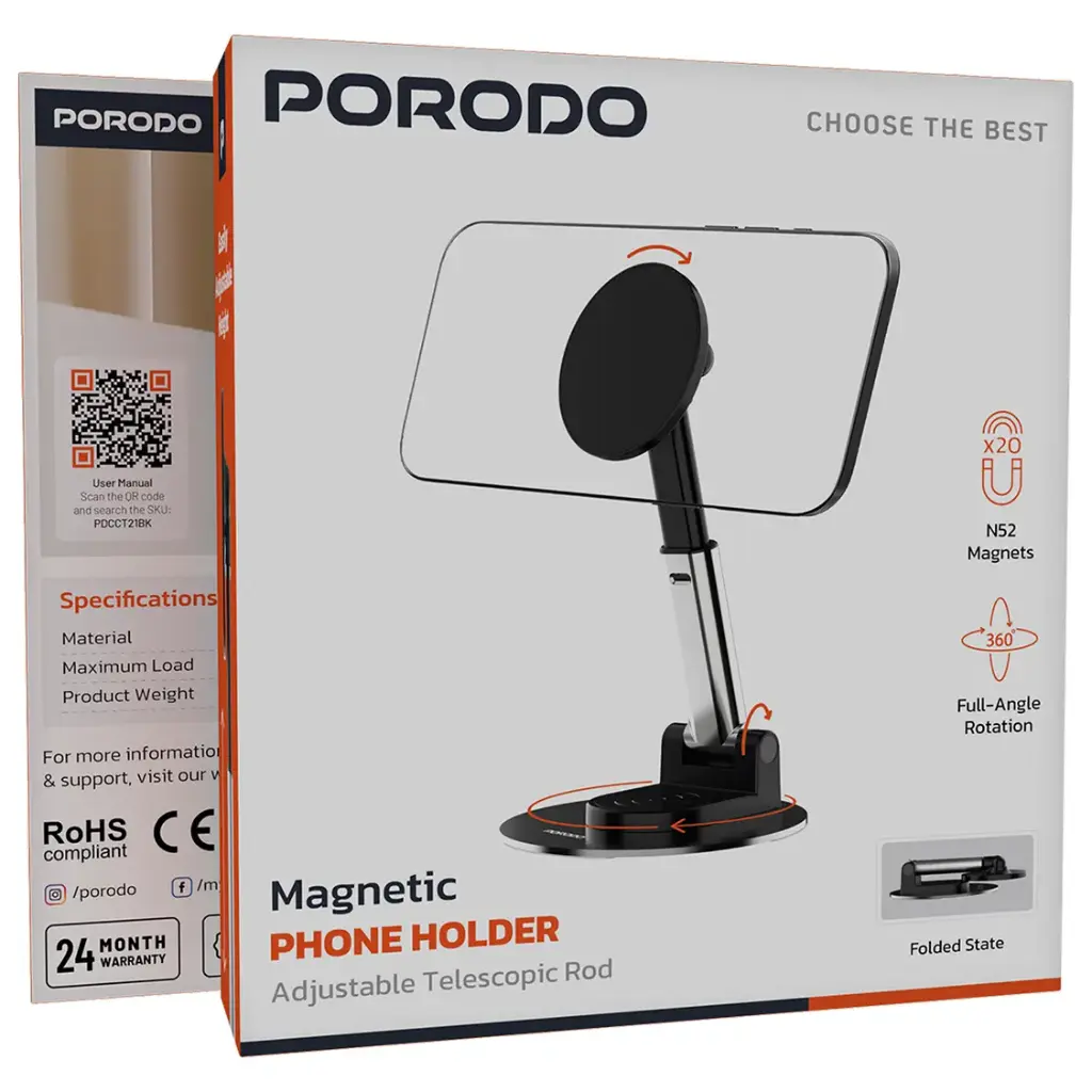 Porodo Magnetic Phone Holder with Adjustable Telescopic Rod - Black | حامل هاتف مغناطيسي من بورودو مع قضيب تلسكوبي قابل للتعديل - أسود