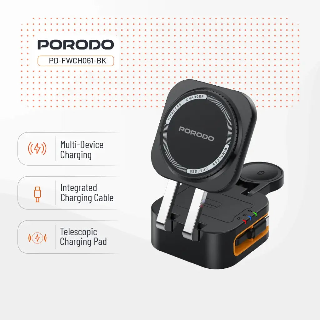 Porodo 25W 3-in-1 Pocket-Sized Folding Wireless Charger - Black | شاحن لاسلكي قابل للطي 3 في 1 من بورودو - أسود