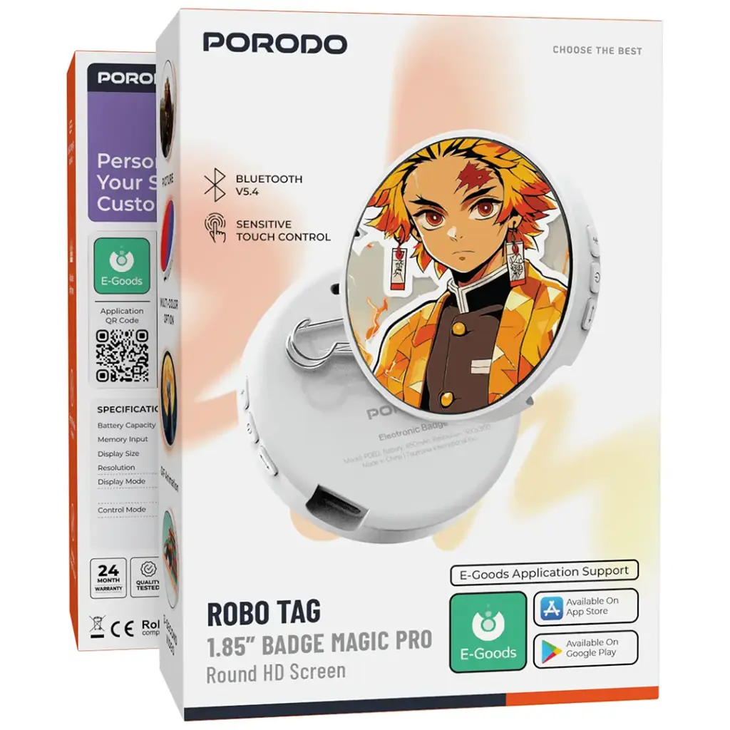 Porodo Robo 1.85" HD Round Display Smart Badge – White | شعار روبو 1.85 بوصة من Porodo مع شاشة HD دائرية – أبيض