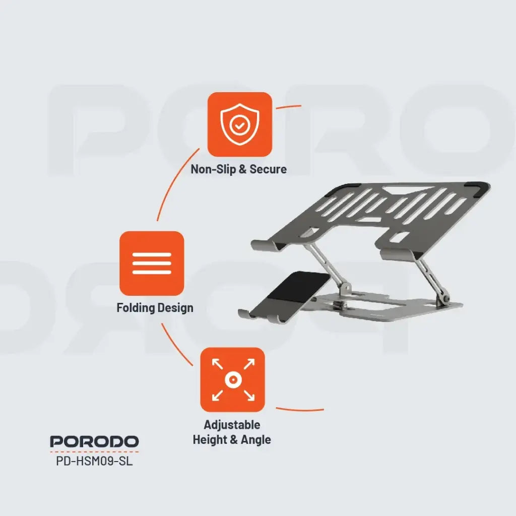 حامل بورودو الذكي القابل للطي 2 في 1, لاجهزة اللابتوب والهاتف - فضي | Porodo 2-in-1 Adjustable and Foldable Laptop with Phone Stand - Silver.
