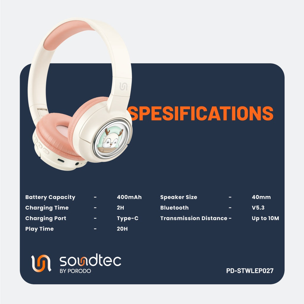 بورودو ساوندتيك سماعة رأس لاسلكية للاطفال ببطارية 400 مللي امبير | Porodo Soundtec Kids Wireless Headphone 400mAh.