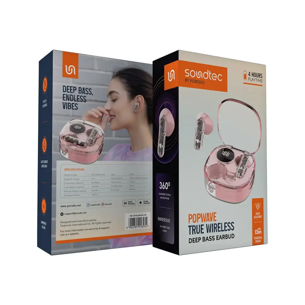 Guhguhkên Bêtêl ên Porodo Soundtec Popwave, Bluetooth 5.4 û Kontrola Destikê | Guhguhkên Bêtêl ên Porodo Soundtec Popwave IPX4 yên Rastîn ên bi Kontrola Destikê û Dîmenderê.
