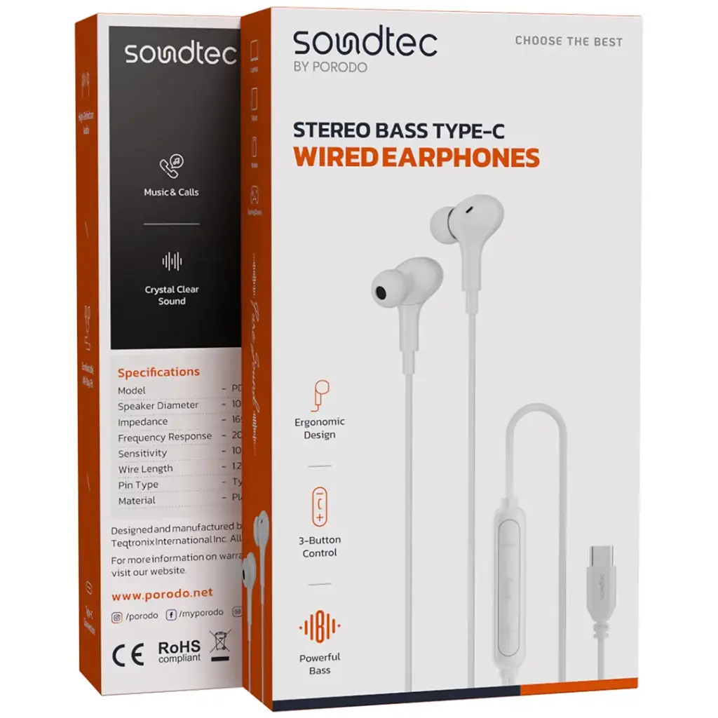 Porodo SoundTec Stereo Bass Wired Type-C Earphones | سماعات بورودو ساوندتك ستيريو باس سلكية Type-C