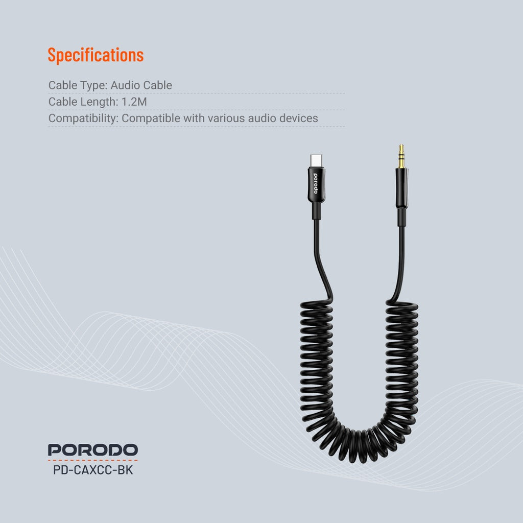 كيبل بورودو تايب سي الى AUX بطول 1.2 متر - اسود | Porodo Type-C to 3.5mm AUX Coil Audio Cable 1.2M – Black