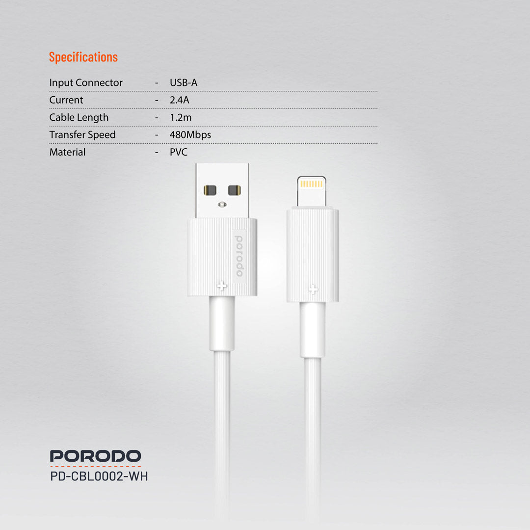 Kabloya Porodo USB-A bo Lightning PVC, 1.2m, Şarjkirina Bilez 2.4A