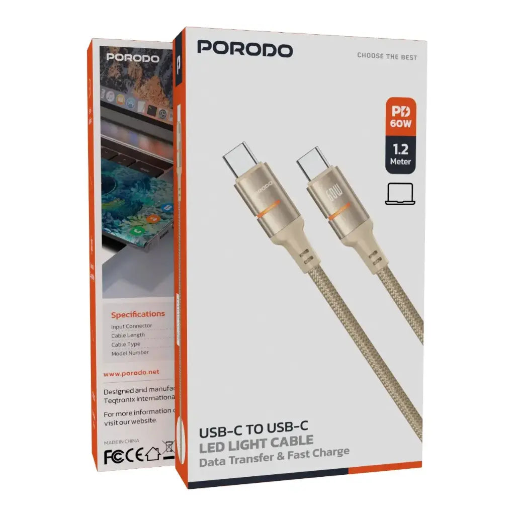 Porodo USB-C to USB-C LED Light Cable | كابل شحن بورودو USB-C إلى USB-C مع إضاءة LED