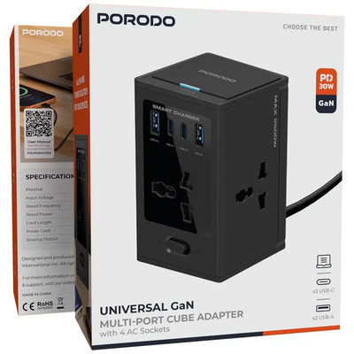 محول بورودو الكهربائي GaN متعدد المنافذ مع 4 مقابس AC - أسود | Porodo Universal GaN Multi-Port Cube Adapter with 4 AC Sockets - Black