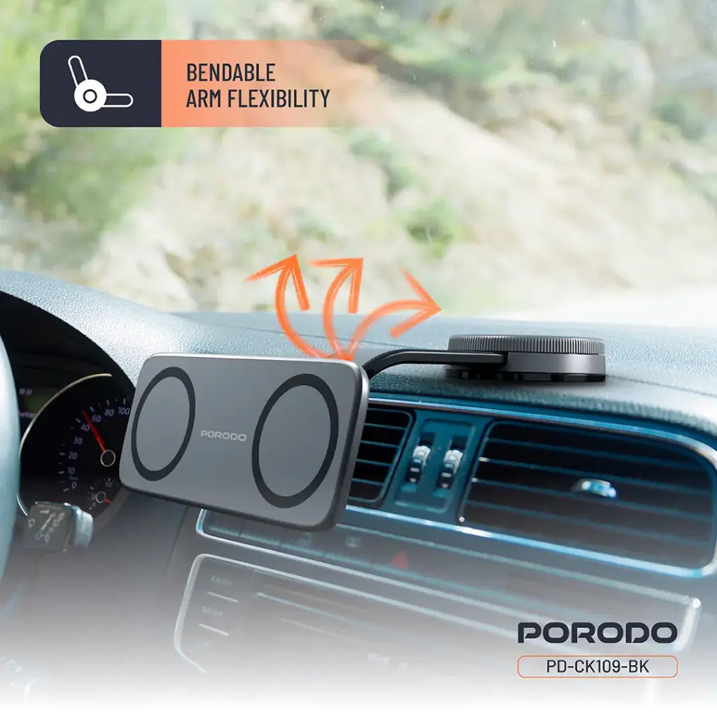 Porodo Vacuum & Adhesive Magnetic Car Mount 360° Full Rotation - Black | حامل هاتف مغناطيسي للسيارة من بورودو بدوران 360 درجة - أسود