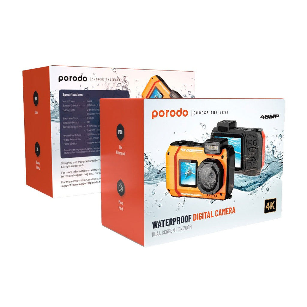 كاميرا رقمية مضادة للماء بدقة 48 ميجابكسل , مع شاشة مزدوجة وزووم 10X من بورودو | Porodo 48MP Full HD IP68 Waterproof Digital Camera with Dual Screens & 10X Zoom